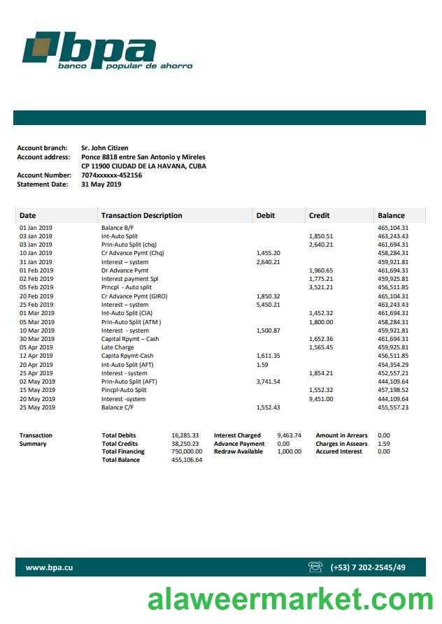 Cuba Banco Popular de Ahorro (BPA) bank statement